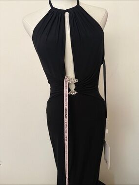 Mac Duggal Black Halter Keyhole Evening Gown with Rhinestone Accent